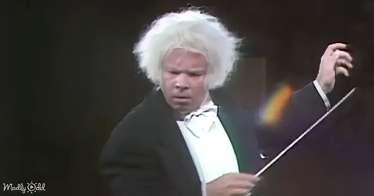 A person in a white shirt and black jacket, holding a conductor's baton, with white hair and a serious expression.