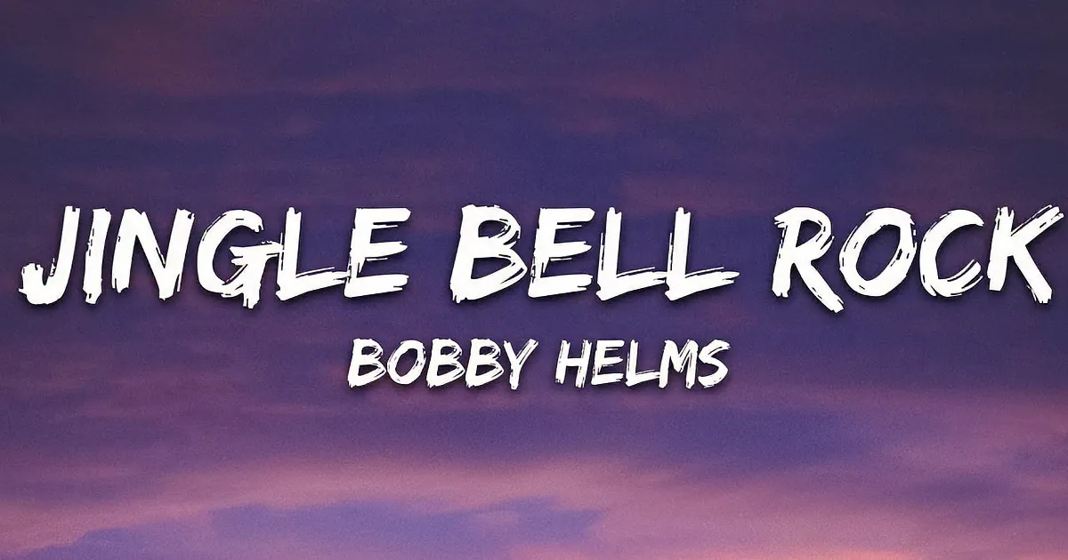 "Jingle Bell Rock" by Bobby Helms against a purple and pink sky backdrop.