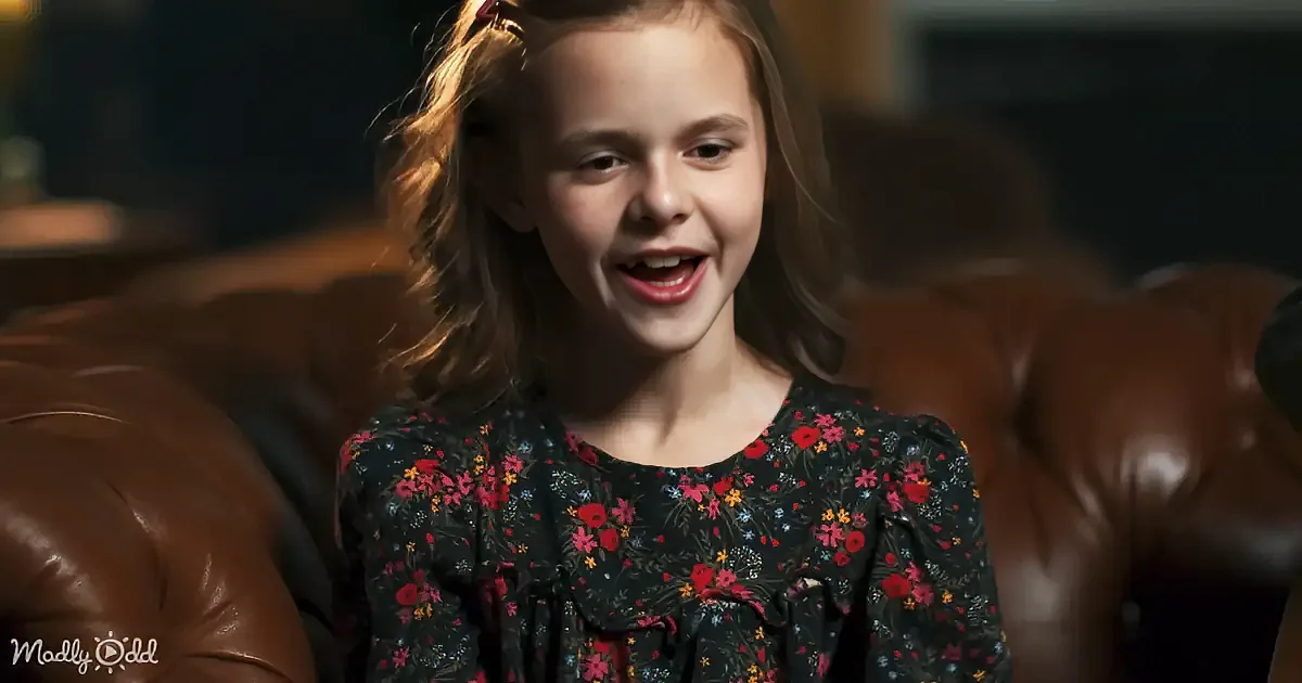 A young girl with a floral dress smiles brightly while sitting on a brown leather couch.
