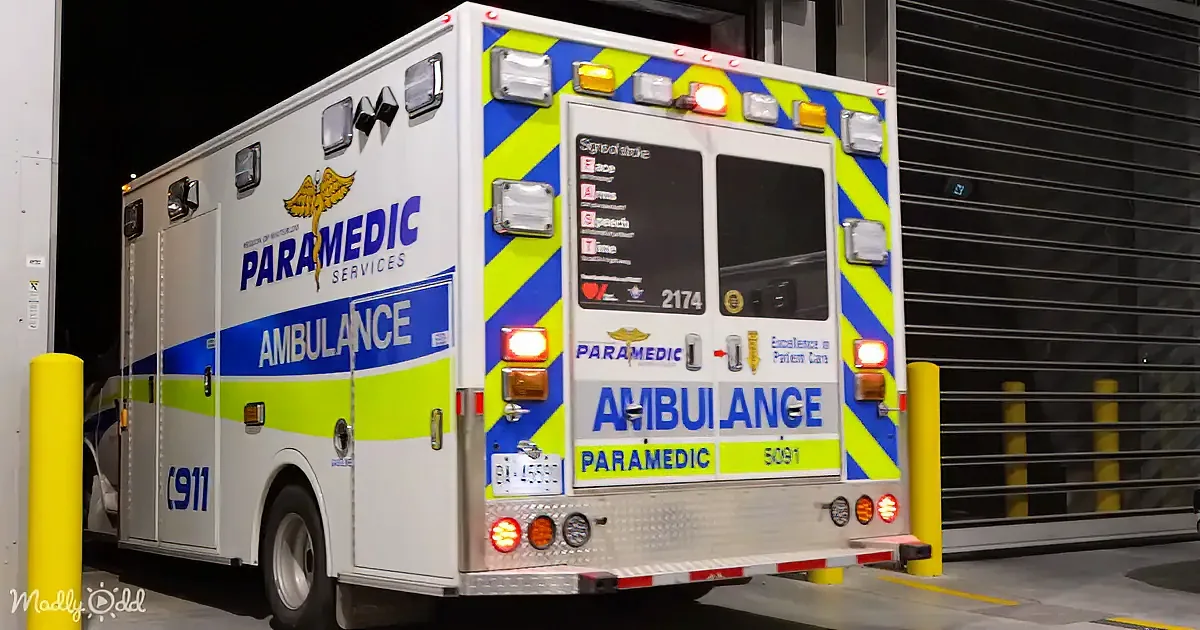 An ambulance with "Paramedic Services" and "Ambulance" markings is parked in a garage at night.