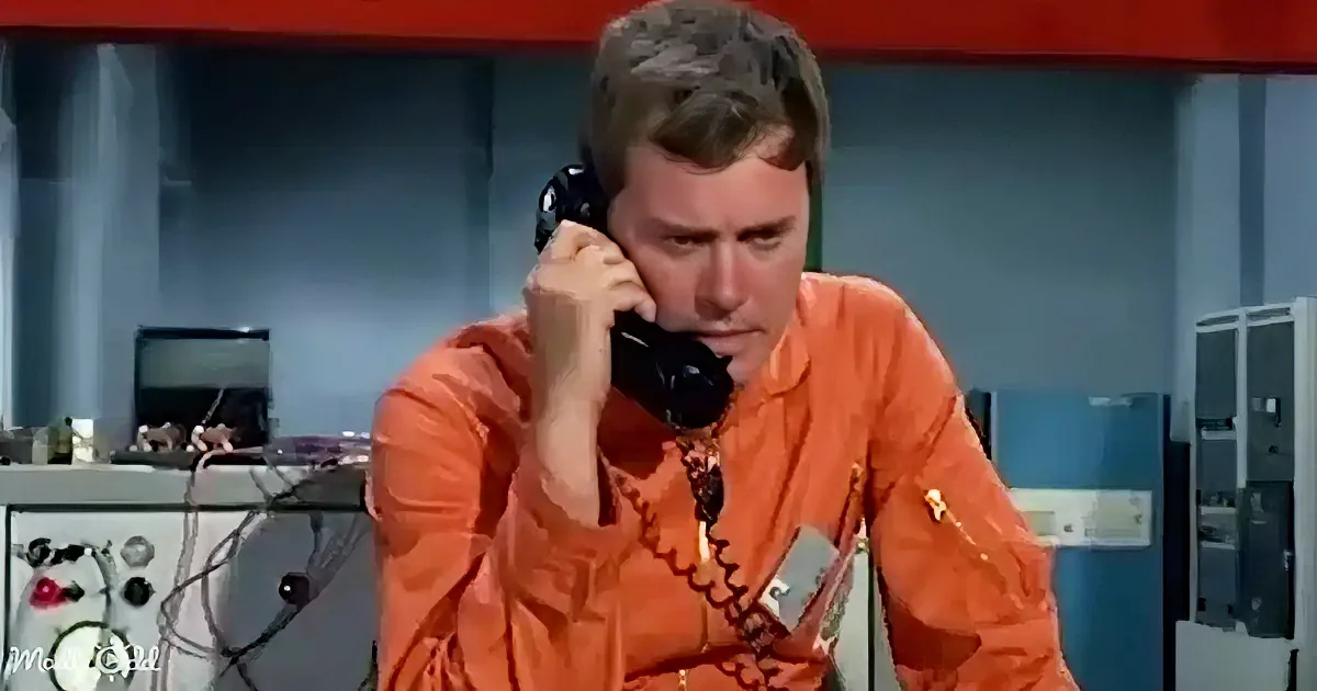 A man in an orange jumpsuit is talking on a black phone in a control room with various equipment.