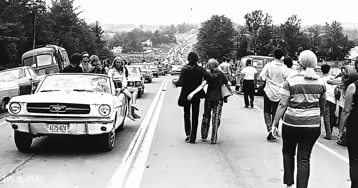 A vintage Ford Mustang convertible drives down a road with people walking and cars parked on both sides.