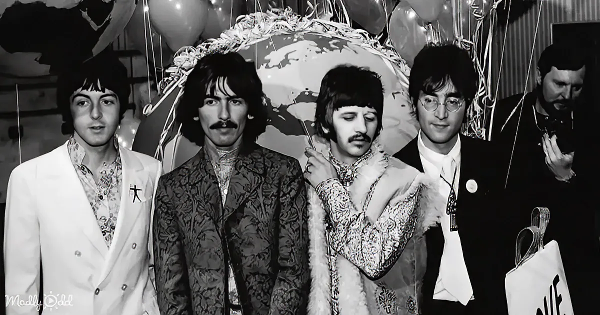 Four men in formal attire stand together, one holding a feather boa, in a festive setting with balloons and decorations.