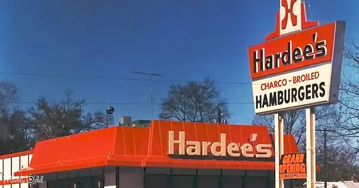 A Hardee's restaurant with a prominent sign advertising "Charco-Broiled Hamburgers" under a clear blue sky.
