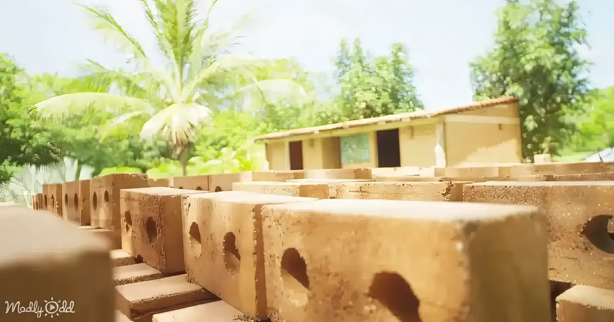 Stacked clay bricks in the foreground with a small building and lush greenery in the background.