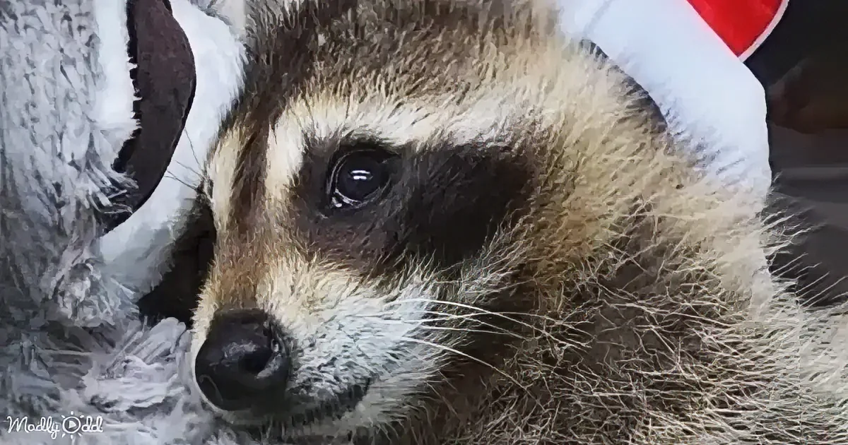 A close-up of a raccoon wearing a Santa hat, looking directly at the camera.