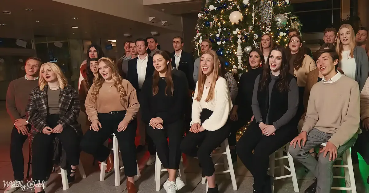 A group of people, mostly women, sit in front of a decorated Christmas tree, smiling and looking at the camera.