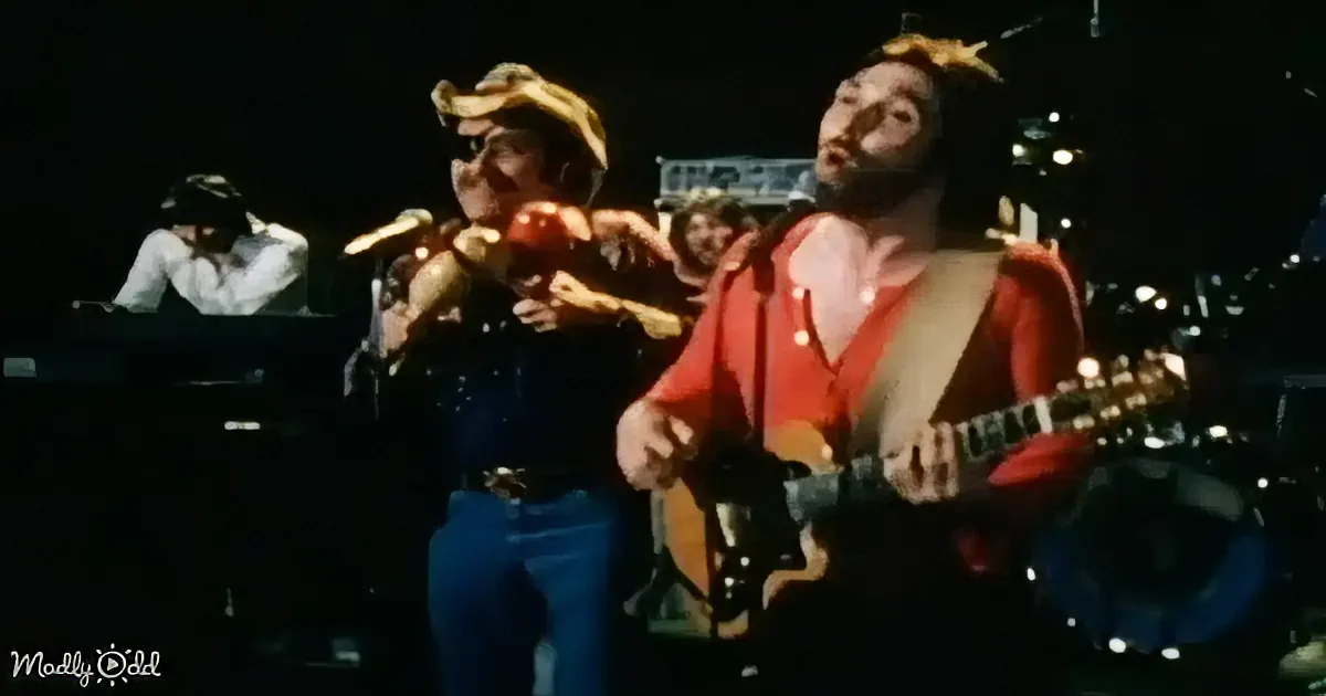 A man in a red shirt and beard plays guitar on stage, singing passionately.