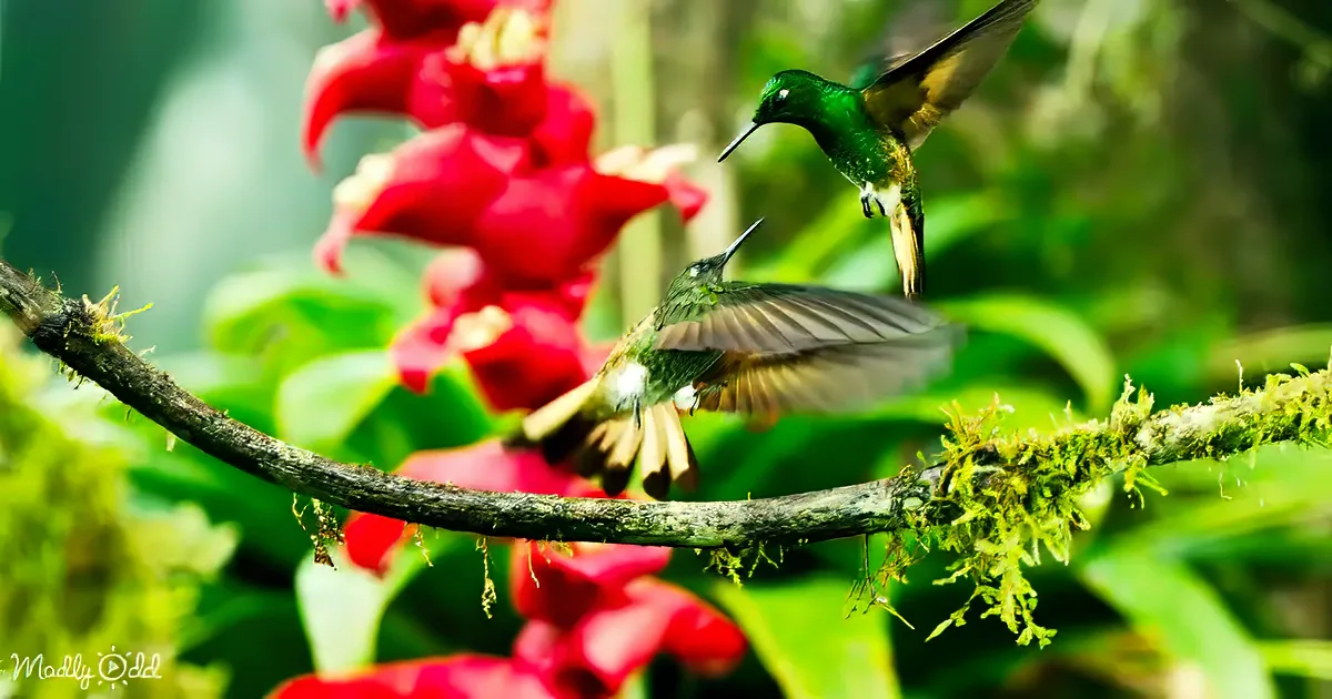 Two vibrant green hummingbirds hover near a red flower, surrounded by lush greenery.