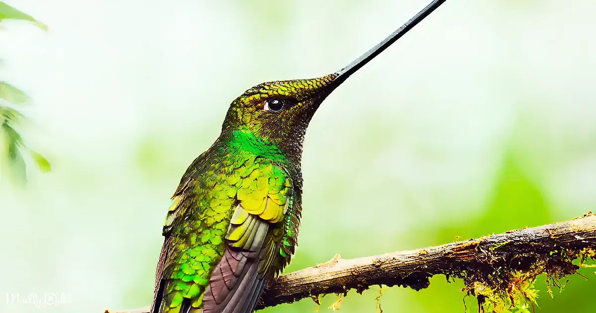 A vibrant green hummingbird perches on a mossy branch, showcasing its iridescent feathers and long, slender beak.