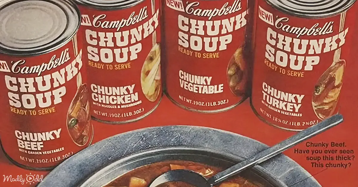Campbell's Chunky Soup cans in beef, chicken, vegetable, and turkey flavors are displayed with a bowl of beef soup.