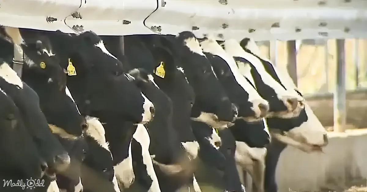 A group of black and white cows with yellow ear tags are lined up under a white structure.