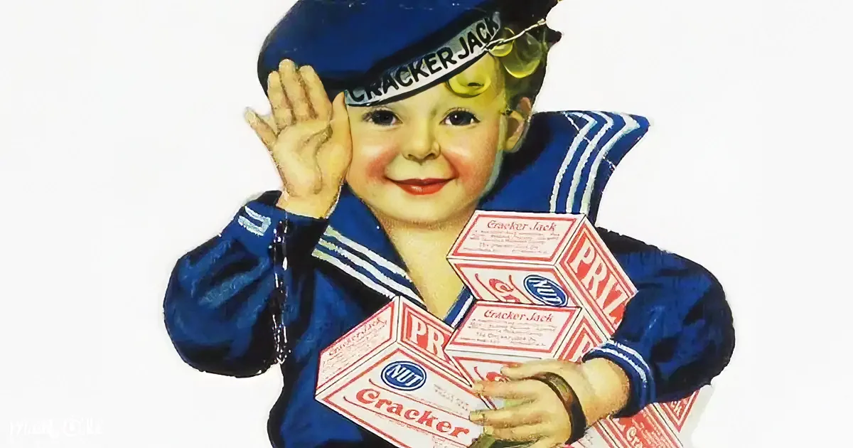 A child in a sailor outfit holds Cracker Jack boxes, smiling and waving.