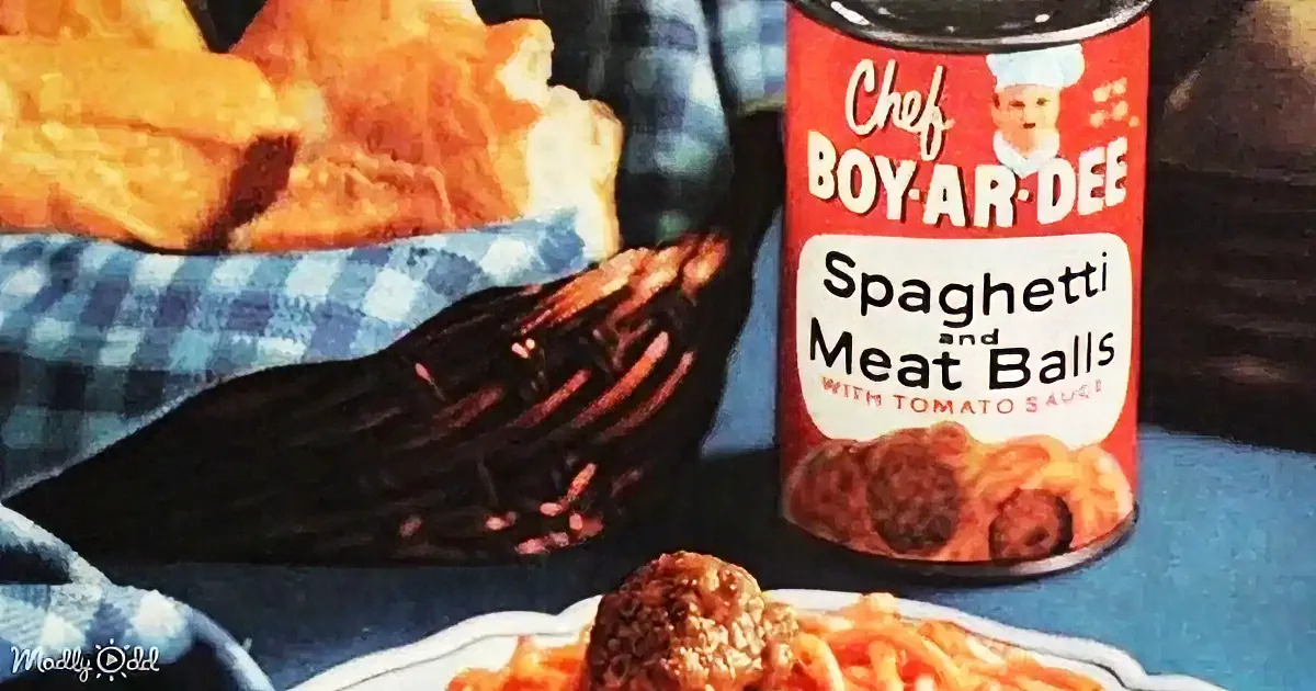 A can of Chef Boy-Ar-Dee Spaghetti and Meatballs with tomato sauce is shown next to a plate of the prepared dish.