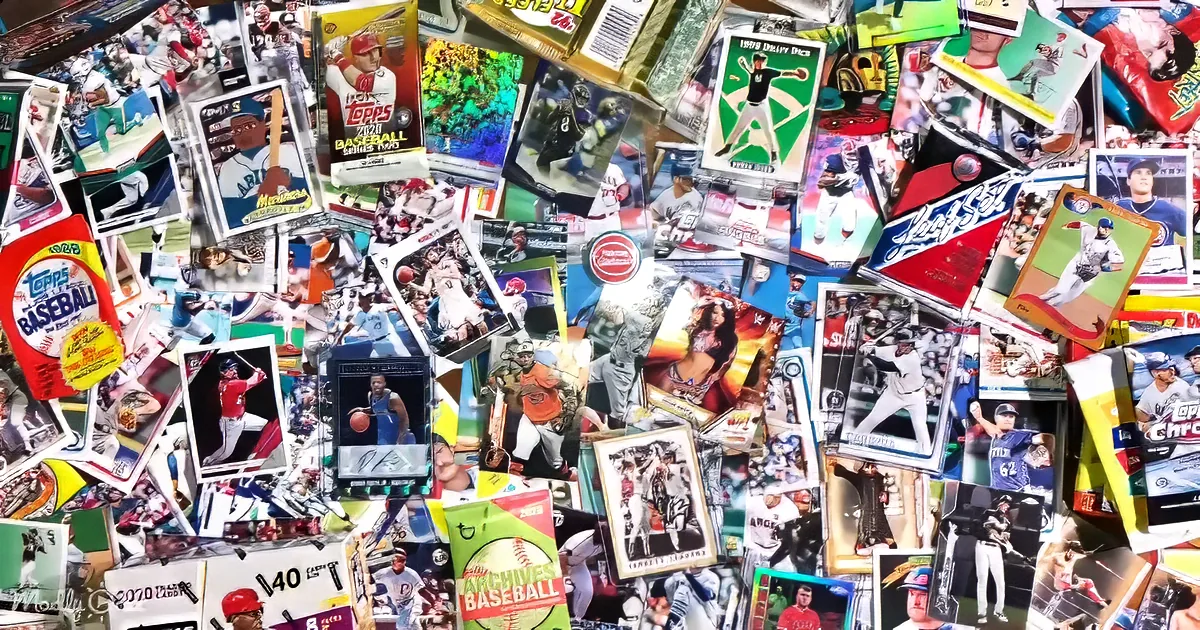 A collection of baseball trading cards and packs, featuring players and teams, is densely arranged.
