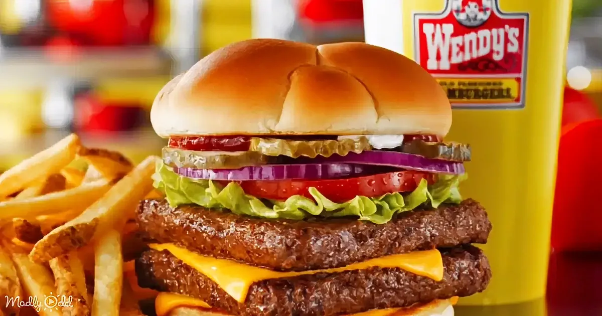 A double cheeseburger with lettuce, tomato, onion, pickles, and a sesame seed bun sits next to a side of fries.