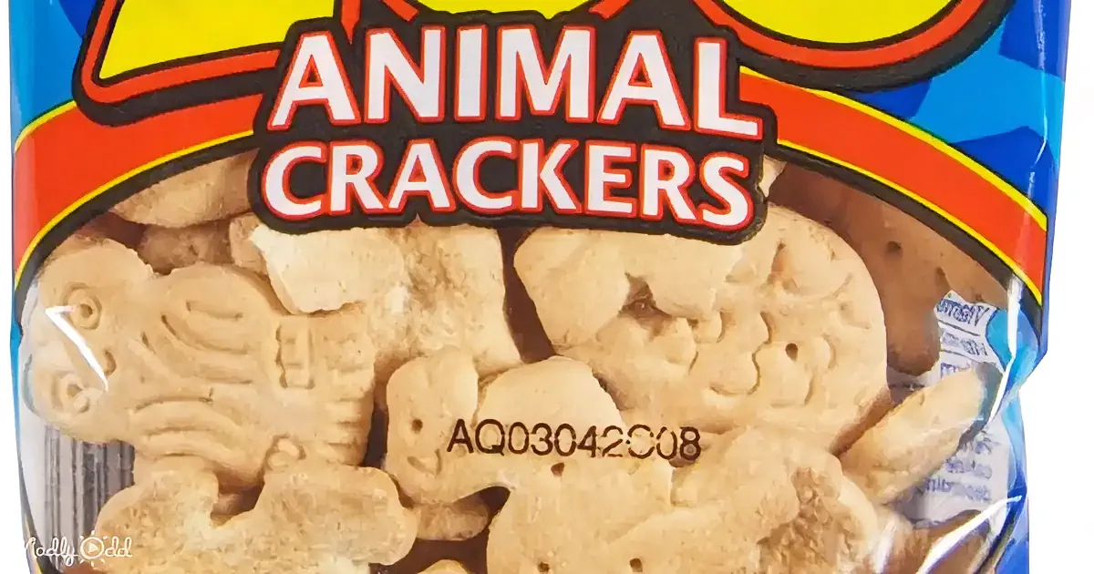 A bag of Animal Crackers with animal-shaped crackers visible inside.