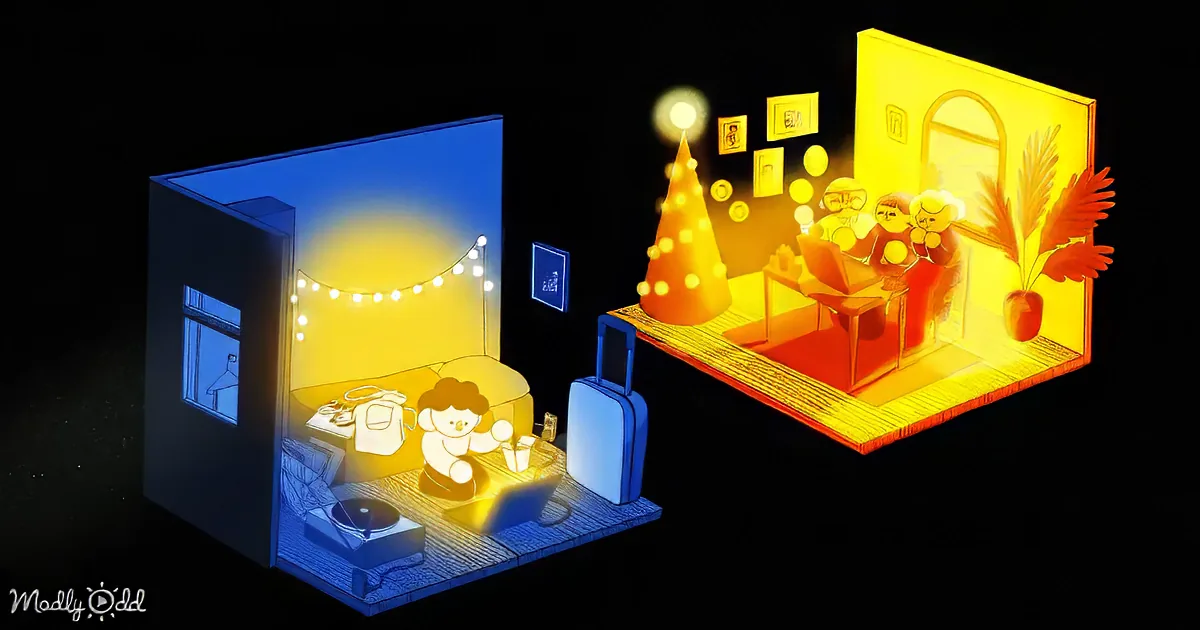 A cozy, glowing house with a person inside, surrounded by warm light and festive decorations.