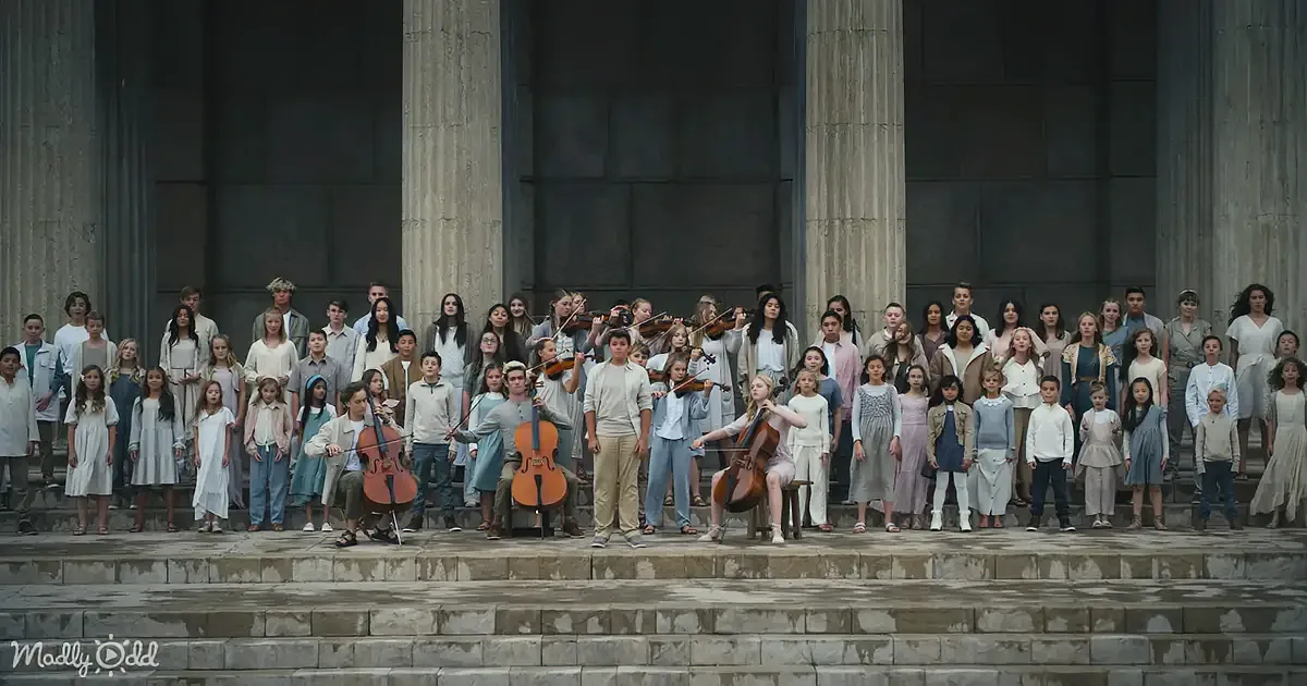 A group of children and adults in white attire play string instruments on stone steps in front of a classical building.