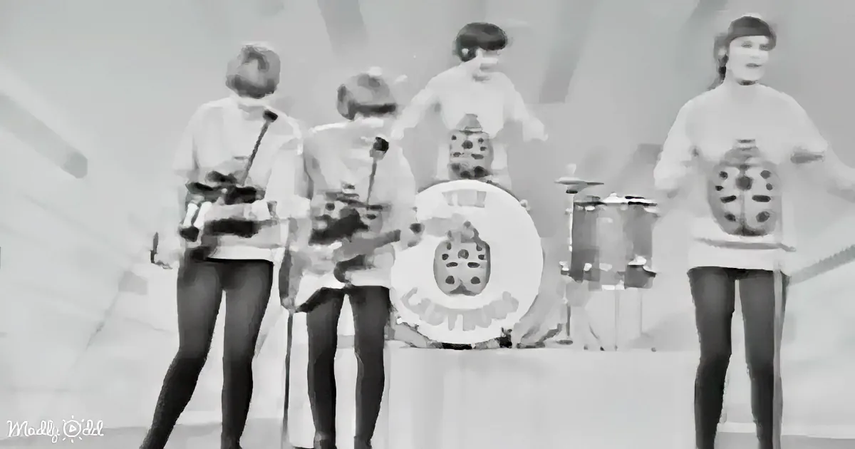 A band in matching outfits performs on stage, with a drum set and microphones visible.
