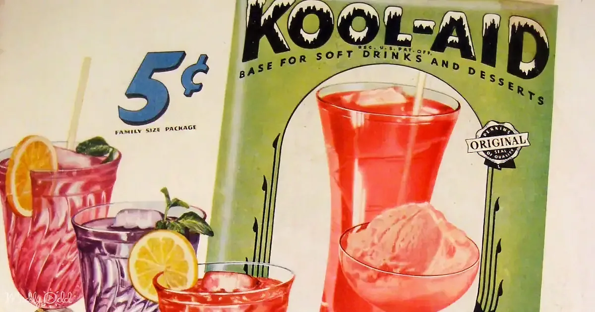 Kool-Aid advertisement shows colorful drinks, ice cream, and a 5¢ price tag.