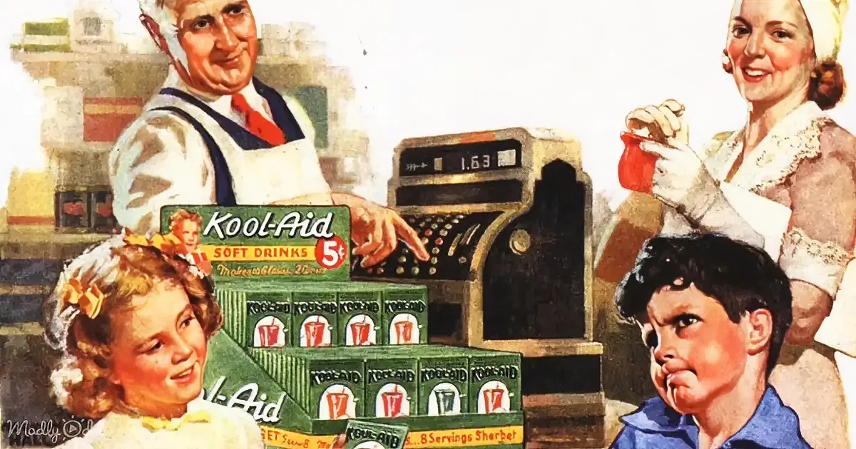 A vintage Kool-Aid advertisement featuring a smiling man, woman, and children at a store counter.