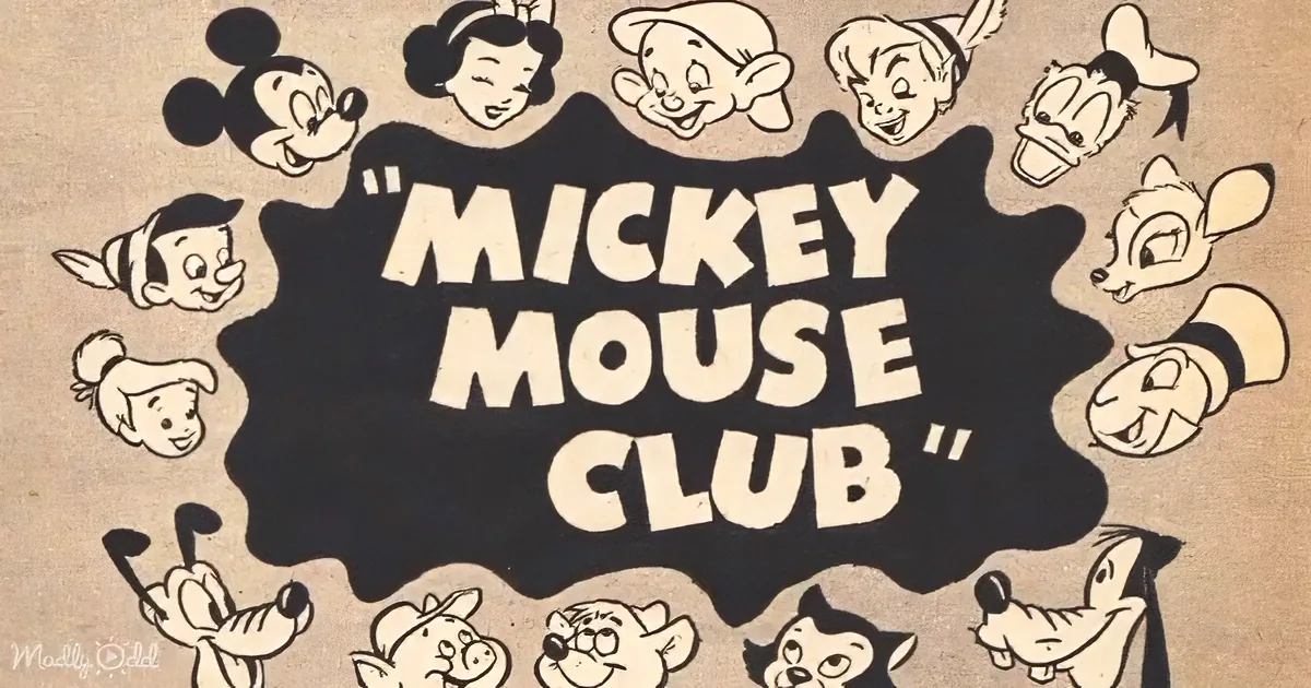 "Mickey Mouse Club" text surrounded by various Disney characters.