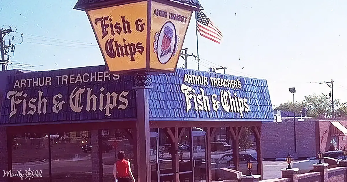 Arthur Treacher's Fish & Chips restaurant with a prominent sign and American flag.