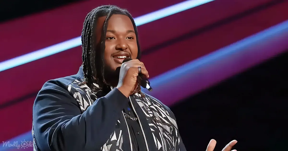 A person with braided hair, wearing a patterned jacket, holds a microphone on stage with a colorful background.
