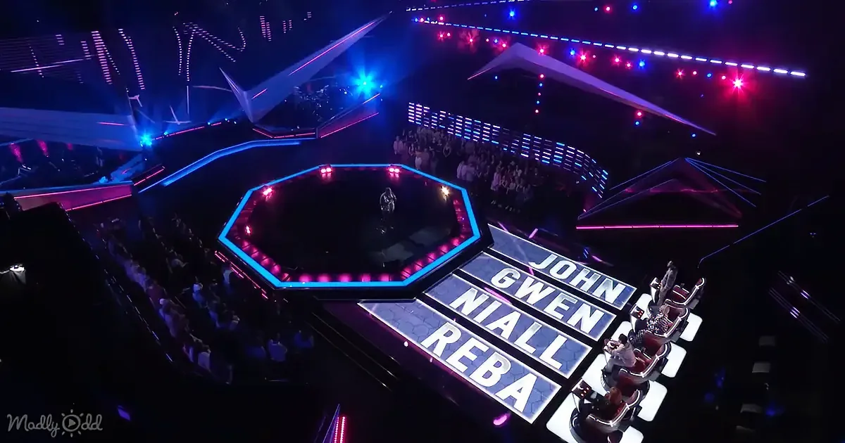 A stage with an octagonal ring, surrounded by vibrant lights and judges' chairs labeled with names.