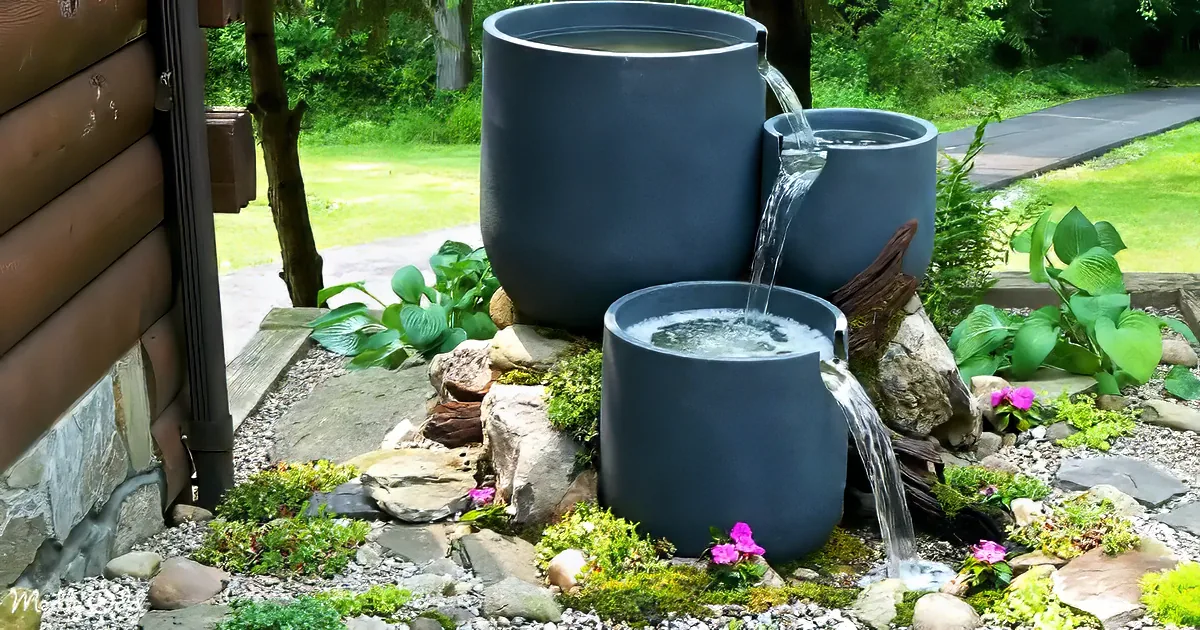 A serene water fountain with cascading water in blue pots surrounded by rocks and greenery.