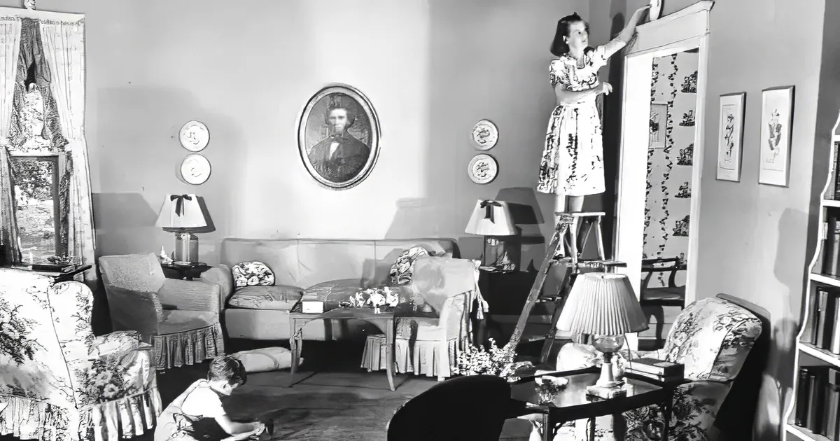 Woman on ladder adjusting mirror in living room with floral furniture and portrait.
