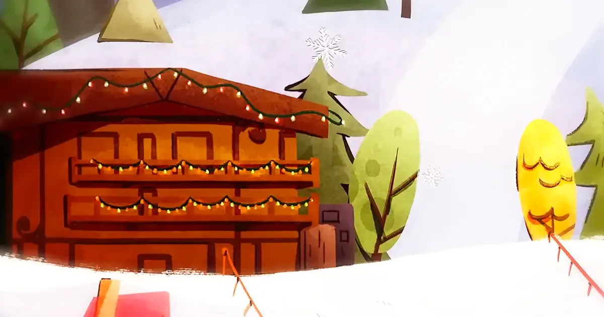 A festive wooden cabin adorned with Christmas lights sits amidst snowy trees and a bright sky.