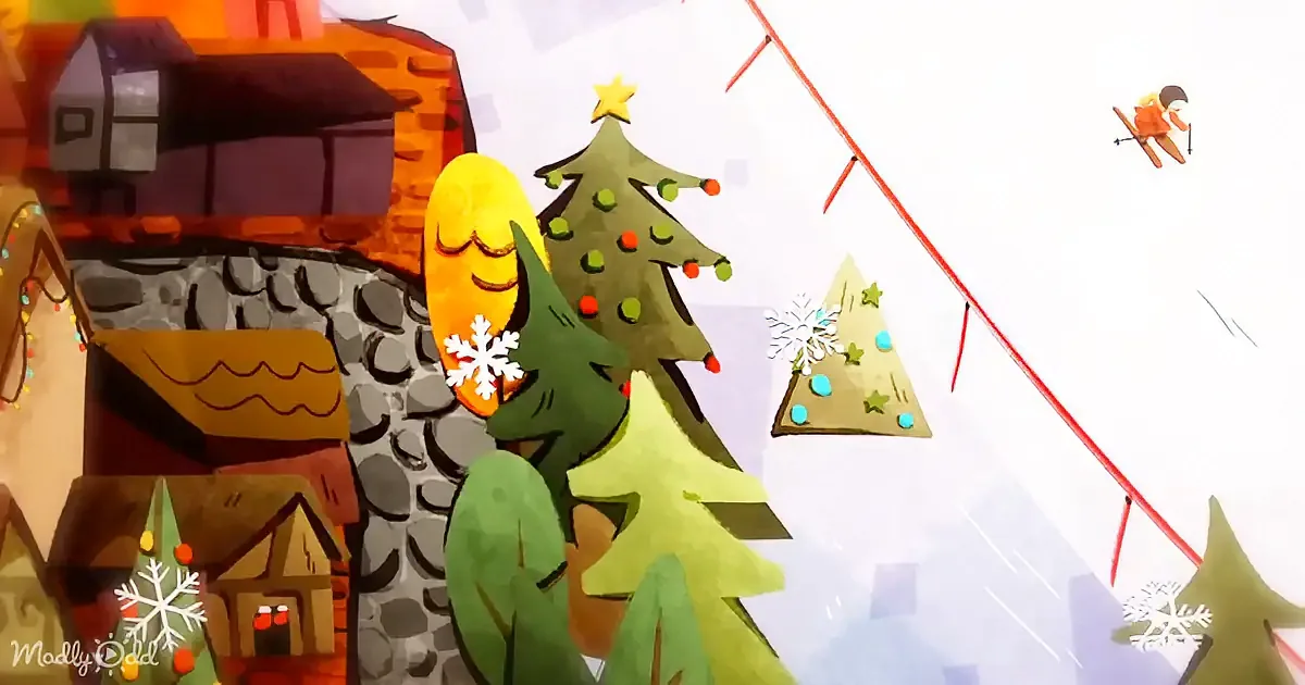 A festive unicorn mural with red and green stripes and snowflakes, set against a dark background.