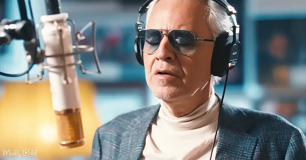 A man wearing headphones and sunglasses is in a recording studio, speaking into a microphone.