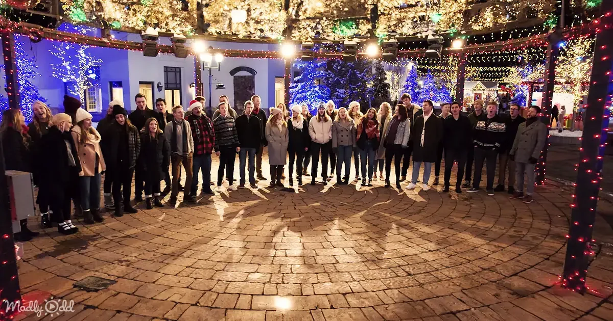 A group of people stands in a semi-circle on a brick-paved area, surrounded by festive Christmas lights and decorations.