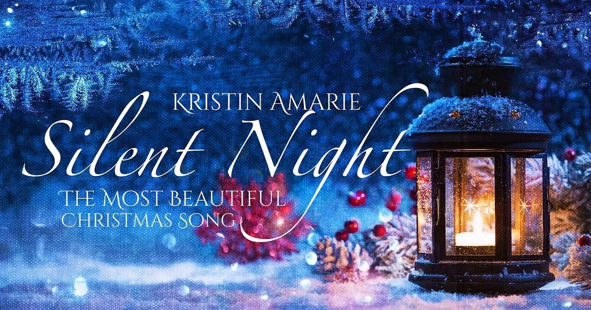 I see a snow-covered Christmas tree adorned with lights, surrounded by snow-laden trees and a cozy cabin in the background.