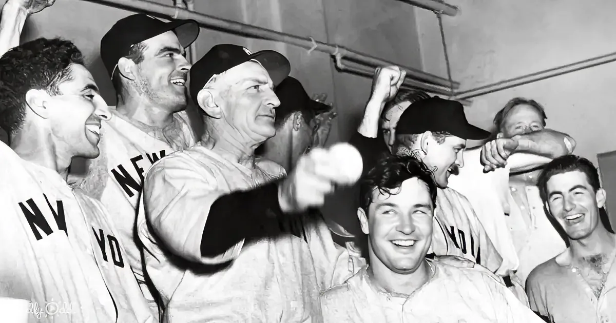 A baseball player in a New York uniform holds up a ball, surrounded by teammates celebrating in a dugout.
