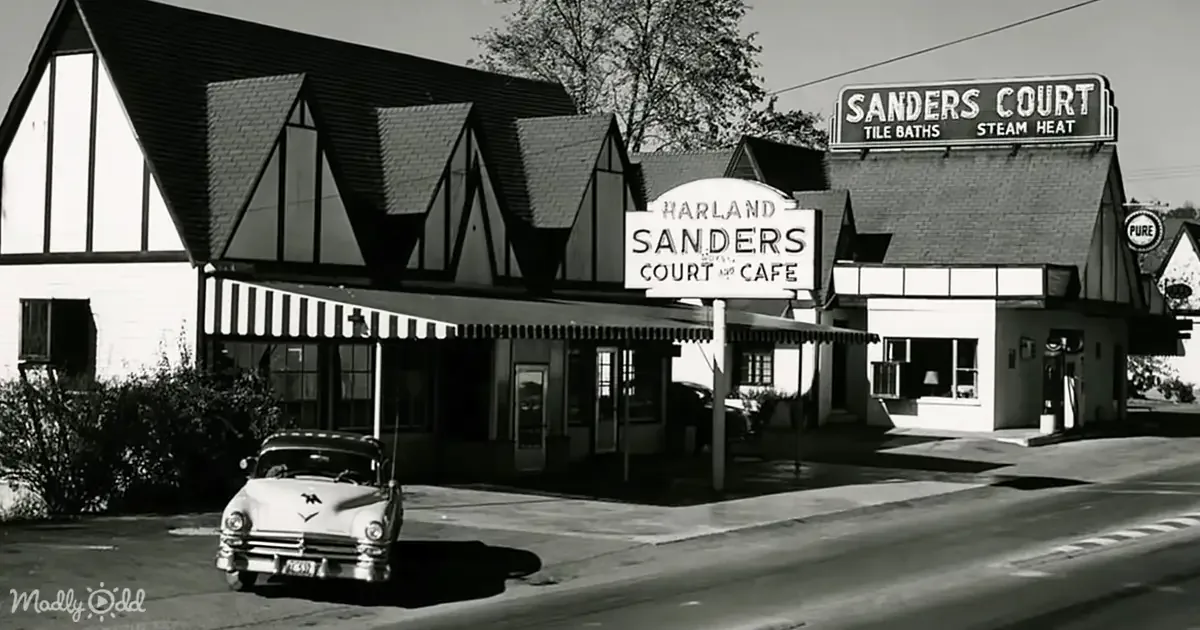 A vintage Harland Sanders Court Cafe with a classic car parked in front, set against a nostalgic backdrop.