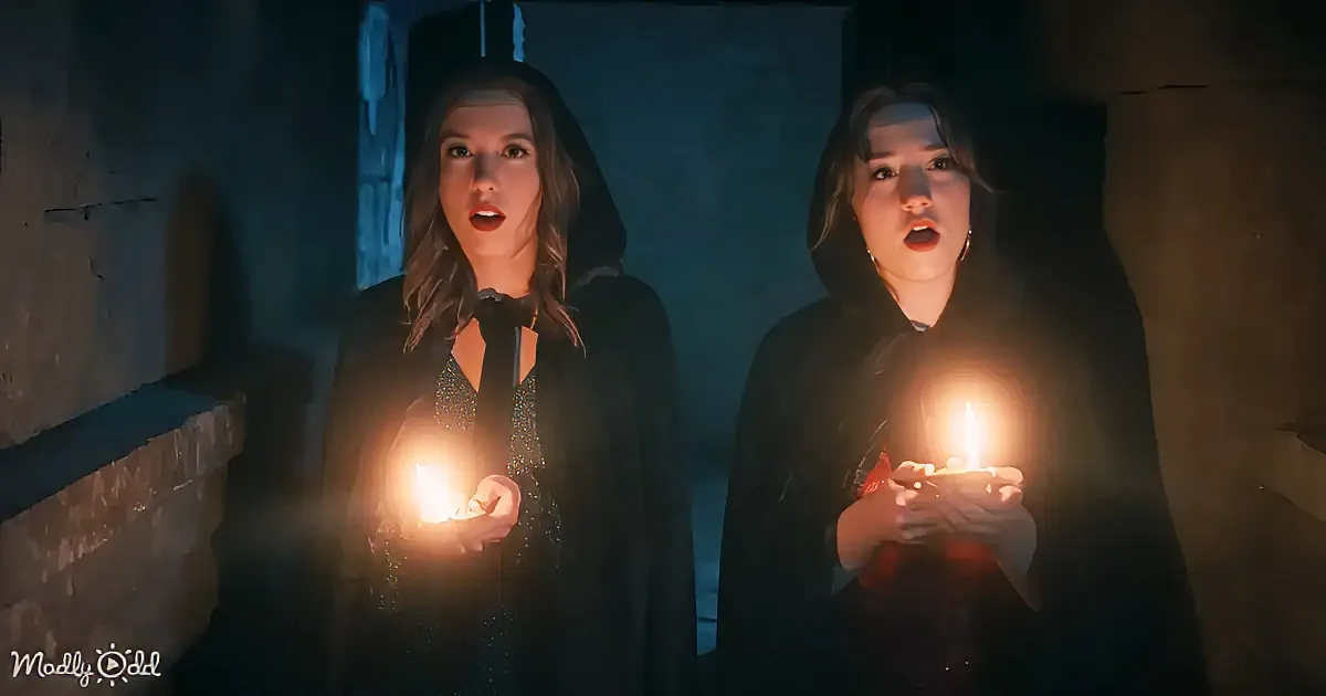 Two women in dark cloaks hold glowing candles, appearing surprised or shocked in a dimly lit stone room.