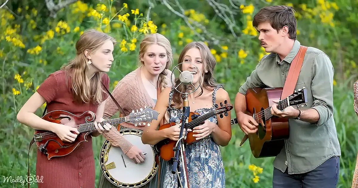 A group of musicians, including a woman singing into a microphone and others playing instruments, perform outdoors amidst...