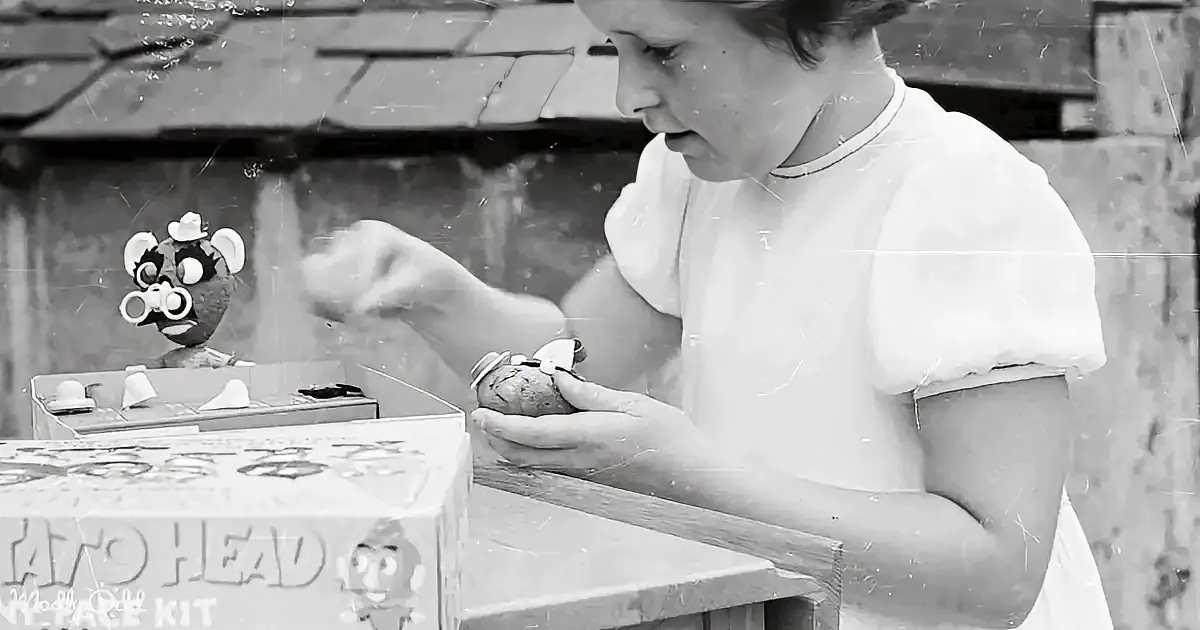 A child in a white dress is peeling a potato with a potato peeler.