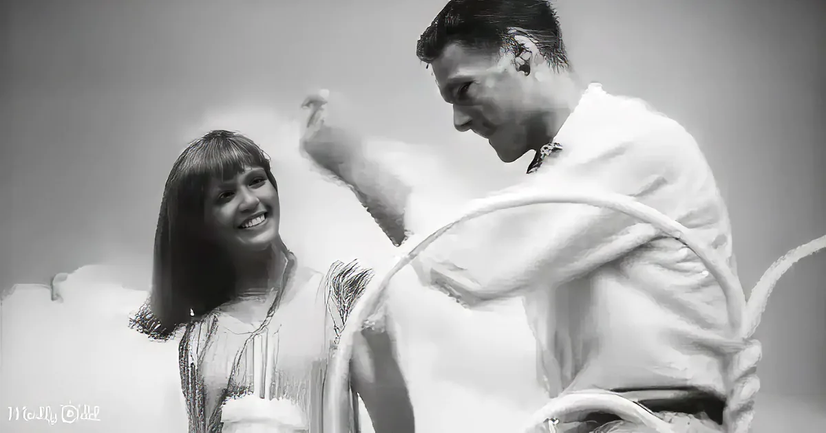 A man in a white robe gestures while a woman in a white dress smiles, both in a black-and-white setting.