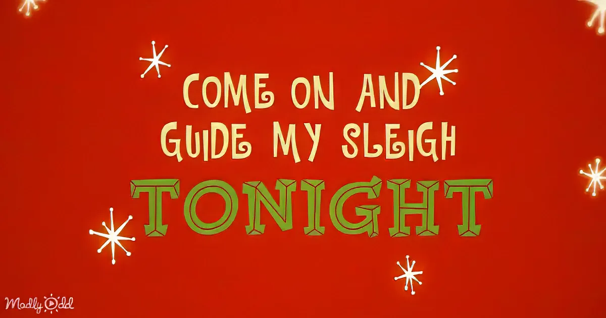 A festive red background with white snowflakes and text saying "COME ON AND GUIDE MY SLEIGH TONIGHT."