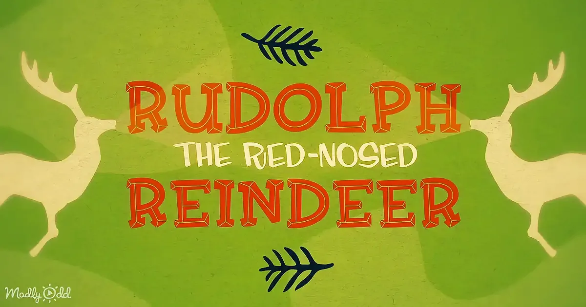 "Rudolph the Red-Nosed Reindeer" text with reindeer silhouettes and a green background.