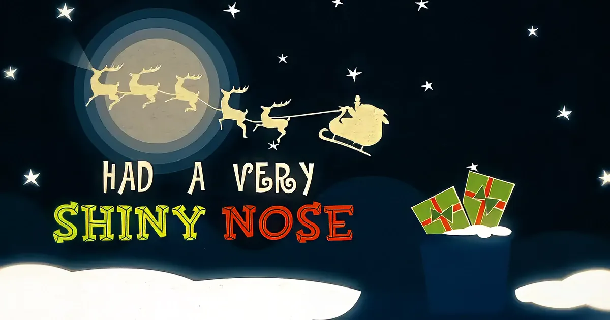 Santa in sleigh pulled by reindeer, moon, stars, presents, text: "Had a very shiny nose."