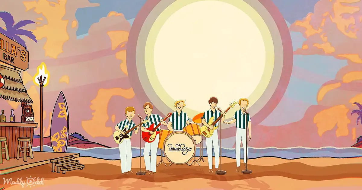 A cartoon band performs on a beach stage with a large sun in the background.