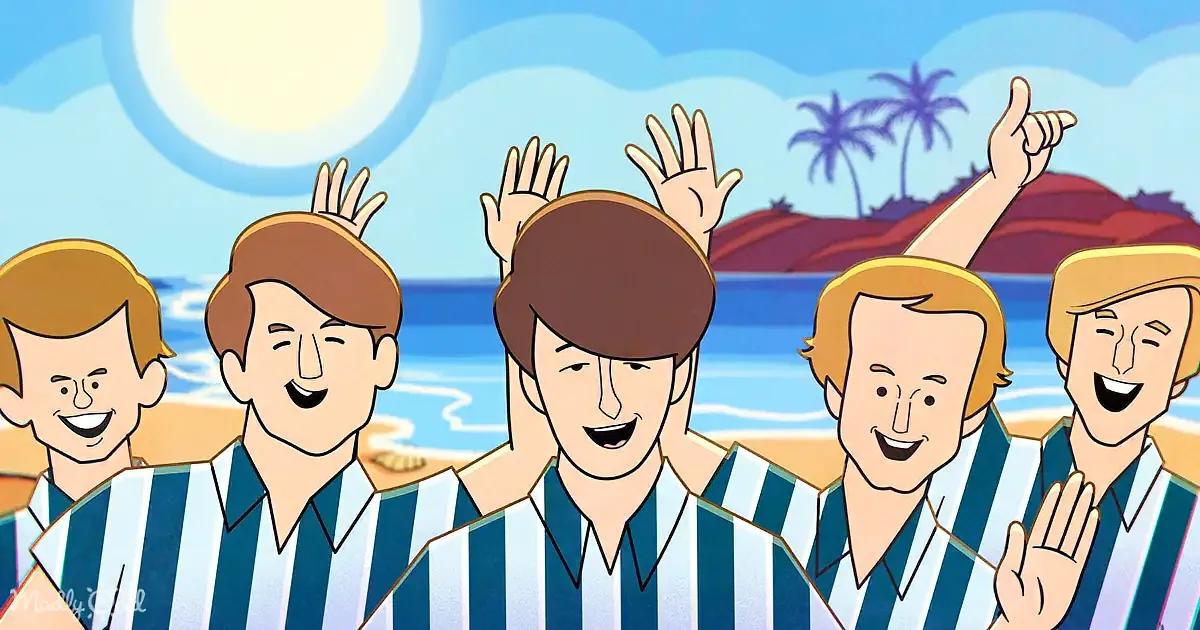 Cartoon Beatles in striped shirts, beach background, smiling and waving.