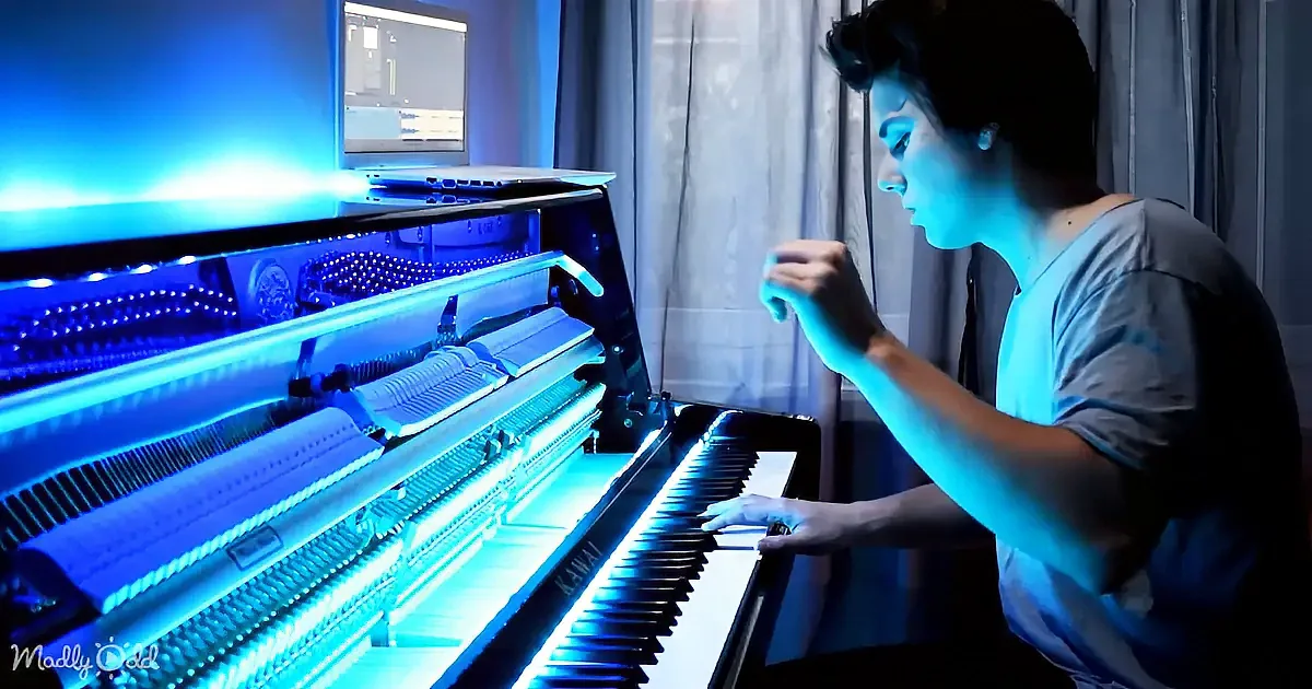 A person plays a Kawai piano illuminated by blue lights, with a computer screen in the background.