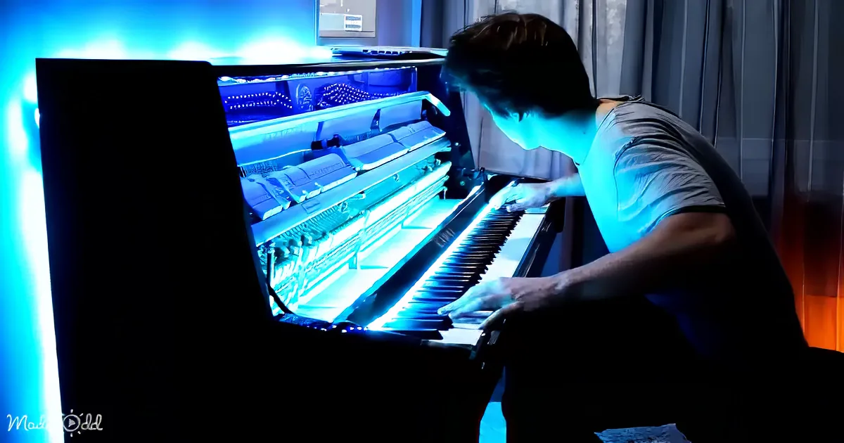 A person plays a piano illuminated by blue lights, revealing the internal mechanics.